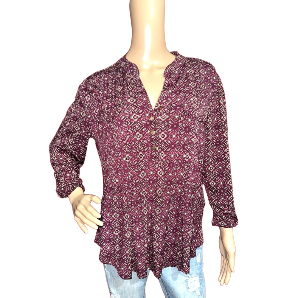 ❤️C&B Established 1962 Maroon Boho Print Button Blouse L